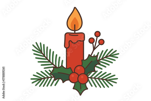 Christmas candle flat vector illustration. Festive holiday design element with flaming wax candle, fir branch, holly berry. Winter tradition symbol for Xmas decoration isolated.