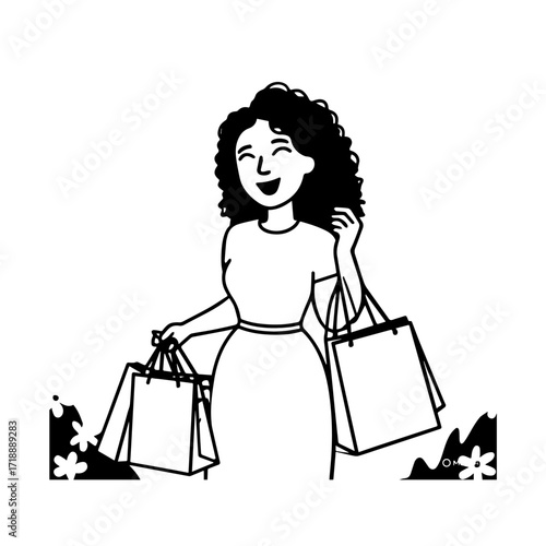 Black and white line art of a beautiful happy woman carrying shopping bags minimalist cheerful illustration