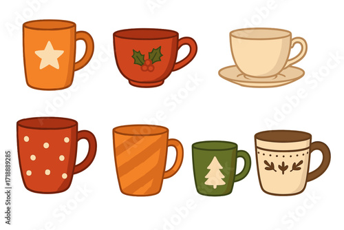 Vector set of cozy autumn and winter mugs. Collection of cartoon cups for hot drinks like coffee, tea, chocolate. Holiday design elements with star, holly, and tree patterns.