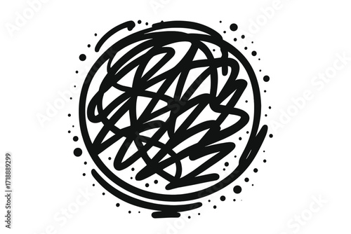 Vector graffiti abstract round scribble. Moody hand drawing texture. 90s street art retro style. Tangled thoughts metaphor. Chaos, anxiety, stress. Mental disorder symbol.