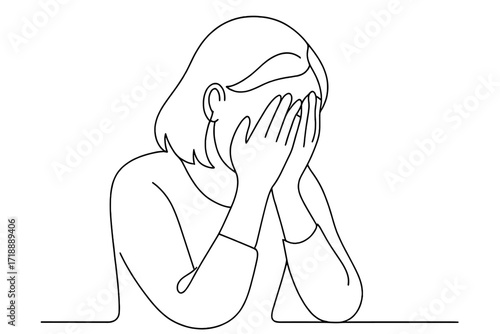 Continuous line drawing of a crying woman covering her face. Concept of sorrow, grief, depression, mental health issues, sadness, despair, loneliness, misfortune.