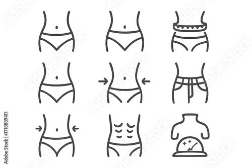 Waist line icon set for weight loss, diet, fitness. Vector symbols of slim fit and fat belly. Before and after body transformation. Editable stroke for web and apps.