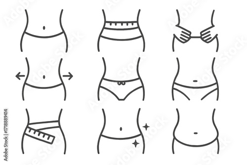 Waist line icon set vector. Body shaping, weight loss, diet concept. Slim figure, belly fat, measurement tape linear icons. Editable stroke for health, fitness app graphics.