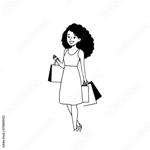 Black and white line art of a beautiful happy woman carrying shopping bags minimalist cheerful illustration
