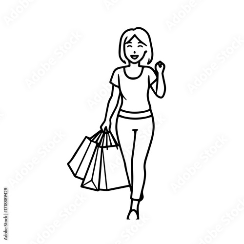 Black and white line art of a beautiful happy woman carrying shopping bags minimalist cheerful illustration