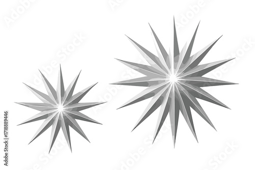 Set of two realistic 3D paper Christmas stars. Silver Moravian star decoration elements for festive design. Winter holiday origami ornaments. Vector illustration on white background.