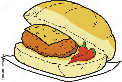 Vada Pav Street Food Illustration. Traditional Vada Pav Design. Indian Vada Pav Snack Clipart. Delicious Vada Pav Food Illustration. Crispy Vada Pav Burger Style Design. Authentic Vada Pav Indian