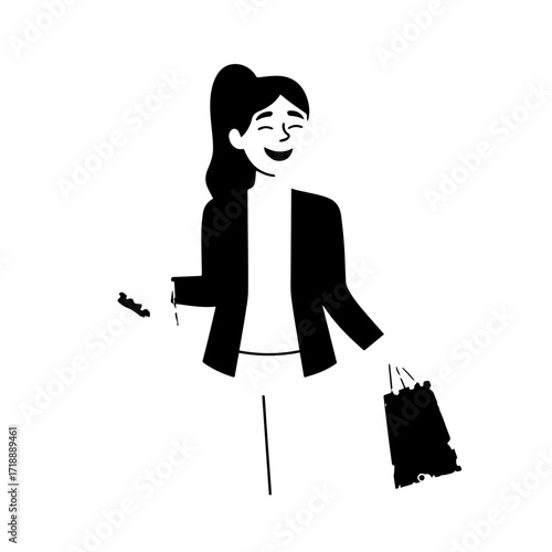 Black and white line art of a beautiful happy woman carrying shopping bags minimalist cheerful illustration