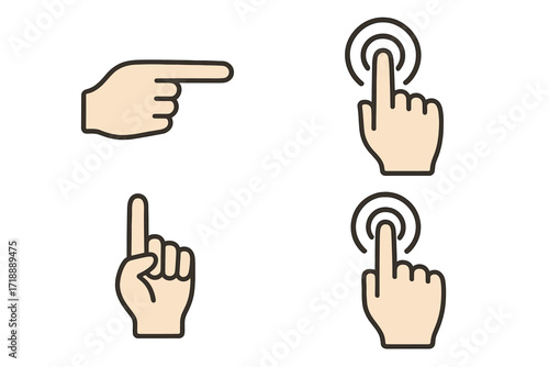 Vector hand gestures collection. Pointing finger, tap, and click icons. Hand cursor and pointer for touchscreen or button. Set of symbols for UI design, app, and web navigation.