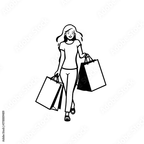 Black and white line art of a beautiful happy woman carrying shopping bags minimalist cheerful illustration