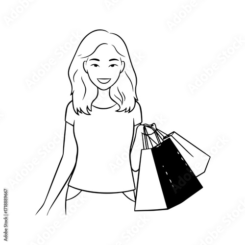Black and white line art of a beautiful happy woman carrying shopping bags minimalist cheerful illustration