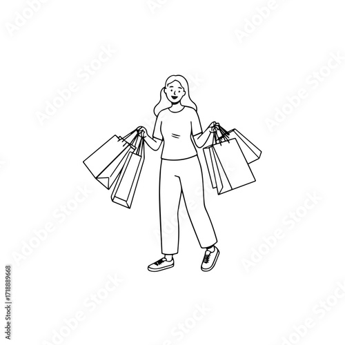Black and white line art of a beautiful happy woman carrying shopping bags minimalist cheerful illustration