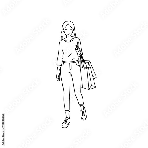 Black and white line art of a beautiful happy woman carrying shopping bags minimalist cheerful illustration