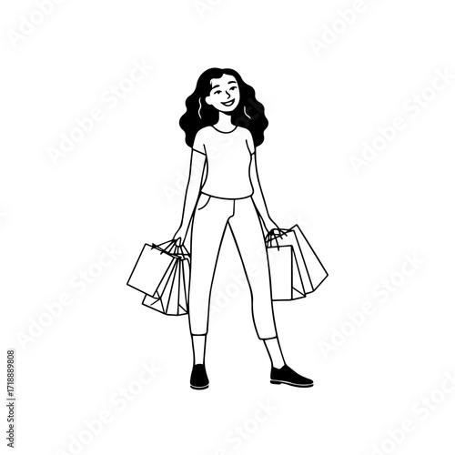 Black and white line art of a beautiful happy woman carrying shopping bags minimalist cheerful illustration