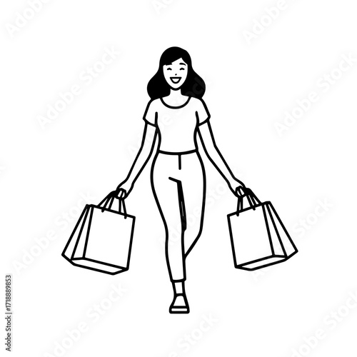 Black and white line art of a beautiful happy woman carrying shopping bags minimalist cheerful illustration