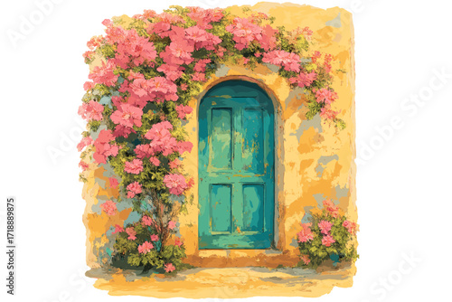 Summer rustic door with pink flowers, hand-drawn oil painting, vibrant floral vine on textured yellow building wall, spring garden scene, impressionism style vector cartoon illustration