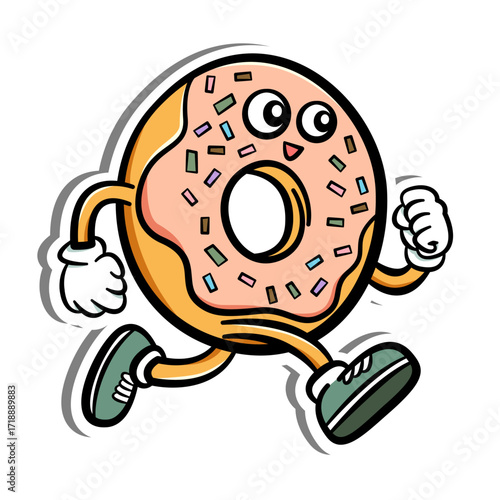 Cartoon donut character with pink frosting, sprinkles, and green sneakers in a running pose. Fun and playful design perfect for food-themed content, kids media, or digital stickers.