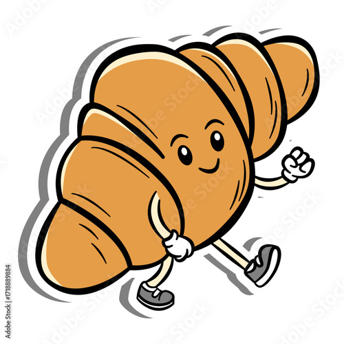 Cartoon croissant character with smiling face, gloves, and sneakers in a walking pose. Fun and quirky design ideas for bakery branding, food-themed content, or children's illustrations.