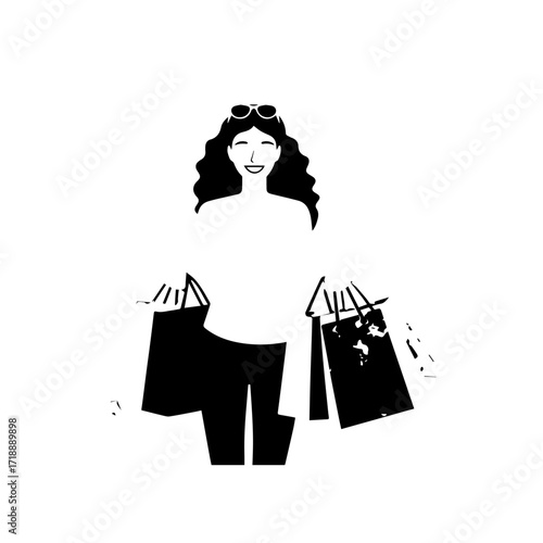 Black and white line art of a beautiful happy woman carrying shopping bags minimalist cheerful illustration