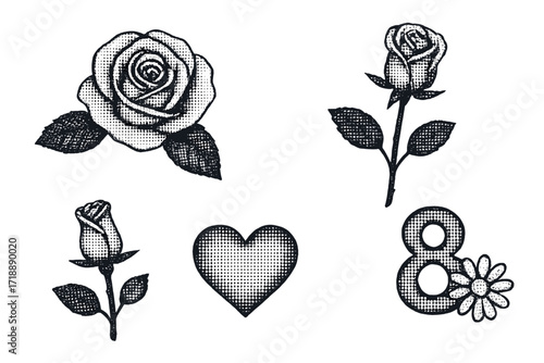 Trendy dotted halftone collage with monochrome roses, heart, and floral elements for Valentine's Day and March 8 International Women's Day, vintage 80s style vector set