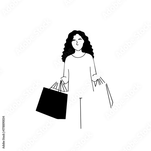 Black and white line art of a beautiful happy woman carrying shopping bags minimalist cheerful illustration