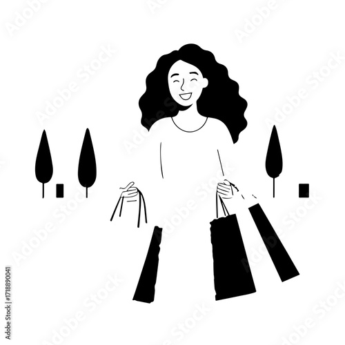 Black and white line art of a beautiful happy woman carrying shopping bags minimalist cheerful illustration
