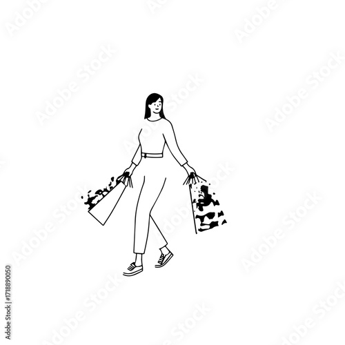 Black and white line art of a beautiful happy woman carrying shopping bags minimalist cheerful illustration