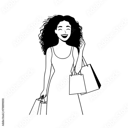 Black and white line art of a beautiful happy woman carrying shopping bags minimalist cheerful illustration
