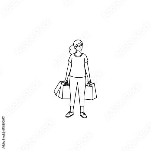 Black and white line art of a beautiful happy woman carrying shopping bags minimalist cheerful illustration