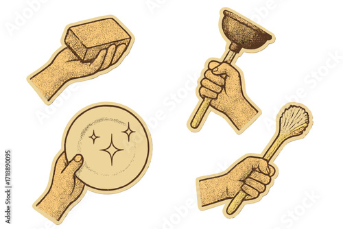 Vintage halftone collage collection of cleaning tools in hands, including sponge, plunger, and sparkling clean plate, housekeeping, spring cleaning concept