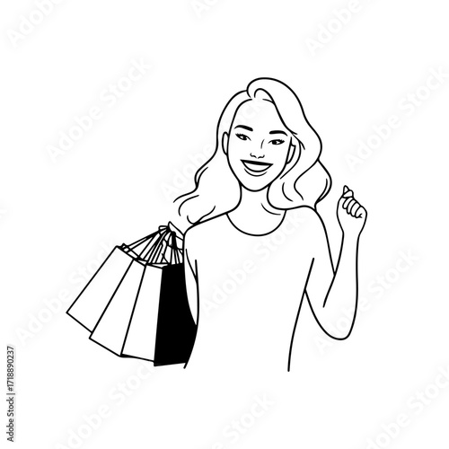 Black and white line art of a beautiful happy woman carrying shopping bags minimalist cheerful illustration
