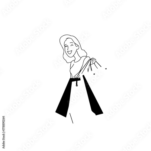 Black and white line art of a beautiful happy woman carrying shopping bags minimalist cheerful illustration
