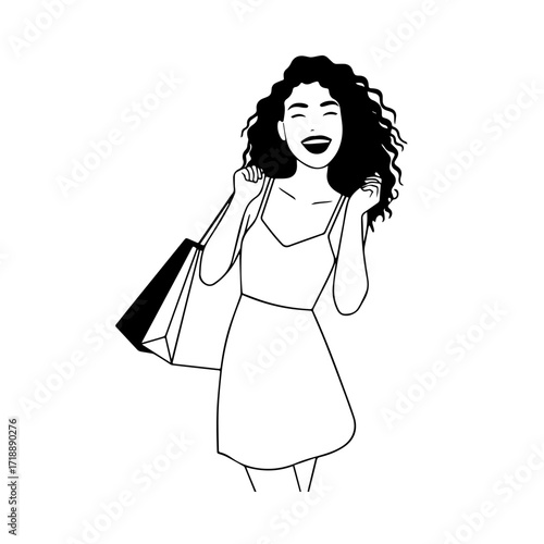Black and white line art of a beautiful happy woman carrying shopping bags minimalist cheerful illustration