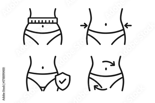 Waist icon set for UI design, placards, books, apps, editable stroke vector, cartoon illustration with transparent background, body measurement, slimming, protection concept