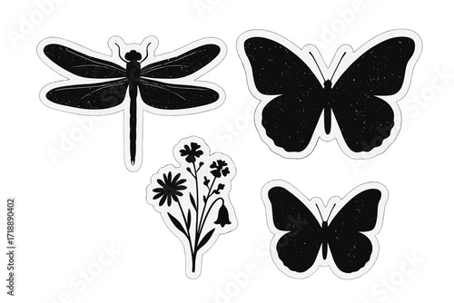 Vintage negative photocopy objects set with dragonfly and butterfly silhouettes, wild flowers, grunge noise texture, monochrome tattoo style, brutalism art, contemporary sticker design