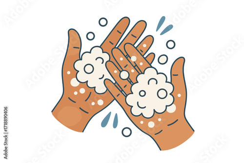 Washing hands with soap and water for hygiene and coronavirus COVID-19 protection, two palms covered in soapy foam, healthcare cleanliness prevention, handwashing routine illustration
