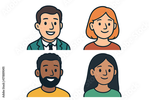 Universal diverse cartoon doodle icons vol.10, set of colorful vector smiling people faces, transparent background, happy men and women avatars, diverse ethnicity characters