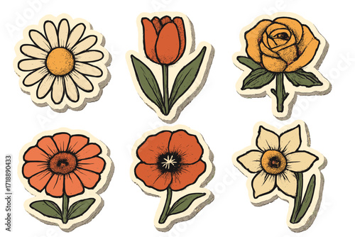 Vintage spring flowers set, collage flower heads top view with minimalism aesthetic, retro bitmap scrapbooking style, trendy dotted element stickers, floral design graphics