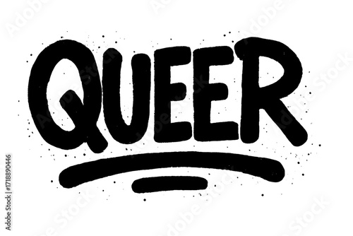 Urban graffiti QUEER text sprayed in black over white background, hand-drawn textured ink illustration, bold street art style lettering with splatter effects, vector cartoon style design