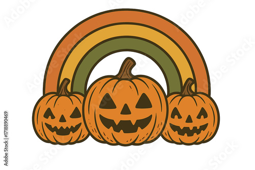 Retro 60s and 70s Halloween witches brew slogan with rainbow and spooky jack-o-lantern pumpkins, vintage graphic tee design, Halloween party greeting card illustration, October 31 celebration