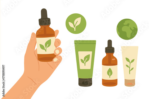Woman Hand Holding Organic Cosmetics Glass Dropper Bottle, Eco-Friendly Skincare Serums and Tubes, Natural Beauty Products, Environmental Protection, Green Sustainable Skin Care