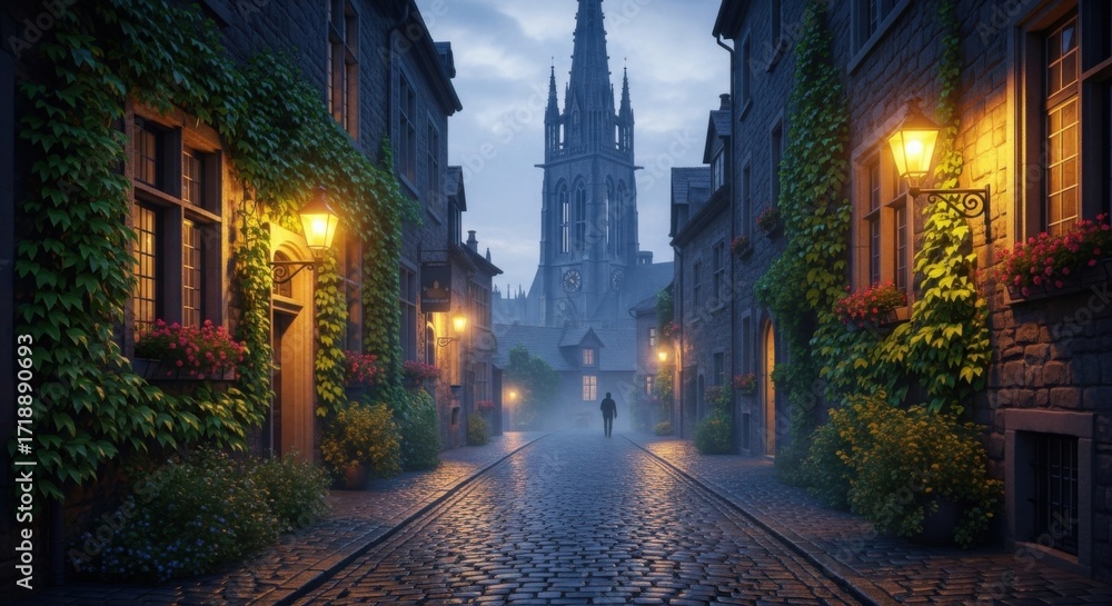 Fototapeta premium Misty Cobblestone Alley Leading to a Gothic Cathedral