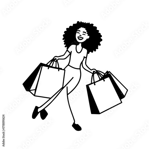 Black and white line art of a beautiful happy woman carrying shopping bags minimalist cheerful illustration