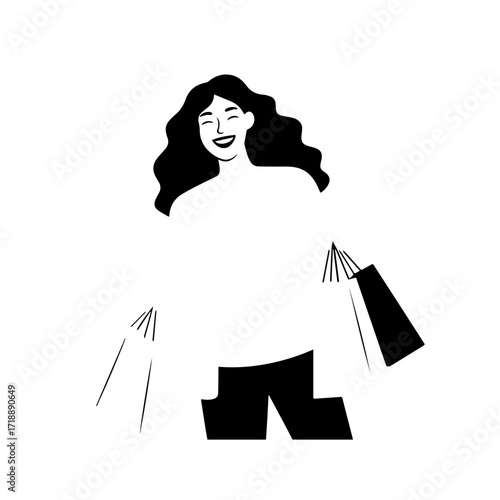 Black and white line art of a beautiful happy woman carrying shopping bags minimalist cheerful illustration