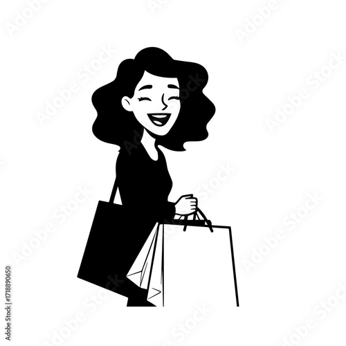 Black and white line art of a beautiful happy woman carrying shopping bags minimalist cheerful illustration