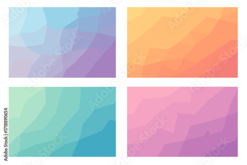 Soft pastel polygonal geometric background set with transparent effect, multi-color gradient wallpaper textures in blue, orange, green, and pink hues for modern design