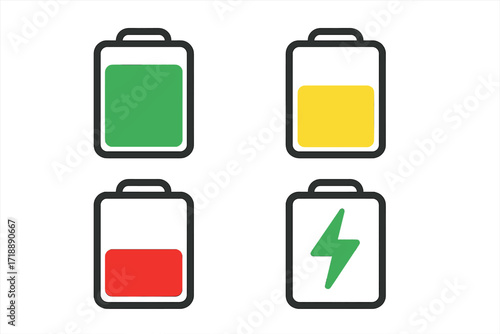 Battery charge level icons vector set with transparent background, green full charge, yellow medium, red low power, and lightning bolt energy symbol in modern flat style