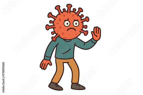 Sad coronavirus character with a virus head making a stop gesture. COVID-19 monster mascot concept for pandemic danger and health warning. Flat vector cartoon illustration.
