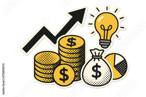 Trendy halftone business concept collage with stacks of coins, money bag, light bulb idea, and pie chart. Cut-out paper elements in modern retro style for financial planning and growth