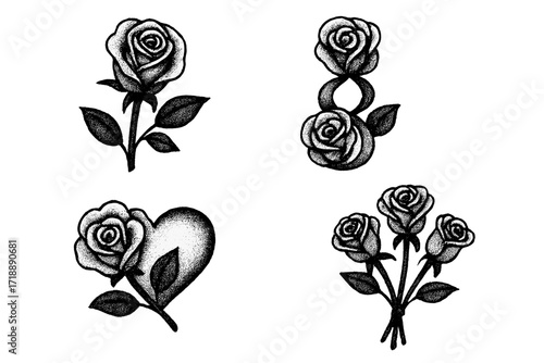 Monochrome Roses Vector Set, Halftone Dotted Springtime Floral Collection, Retro 1980s Style, Valentine’s Day and March 8 Women's Day Romantic Flowers, Vintage Bouquet Illustrations